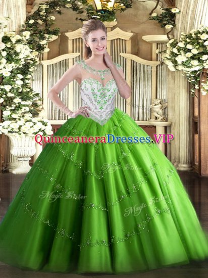 Fancy Scoop Sleeveless Sweet 16 Dress Floor Length Beading and Appliques Tulle - Click Image to Close