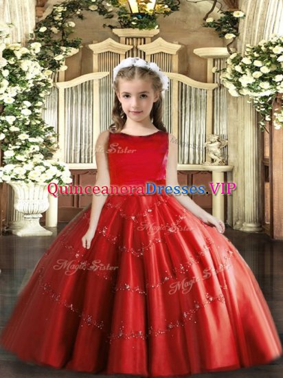 Dazzling Tulle Scoop Sleeveless Lace Up Beading Winning Pageant Gowns in Red - Click Image to Close