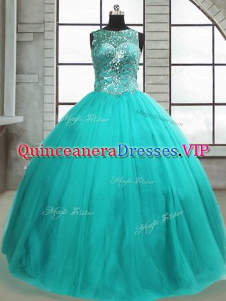 Sleeveless Floor Length Beading Lace Up Quinceanera Gowns with Turquoise