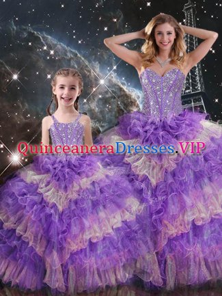 Multi-color Sleeveless Floor Length Beading and Ruffled Layers and Sequins Lace Up Ball Gown Prom Dress