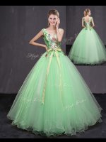 V-neck Sleeveless Lace Up 15th Birthday Dress Apple Green Tulle(SKU YCQD0168-3BIZ)