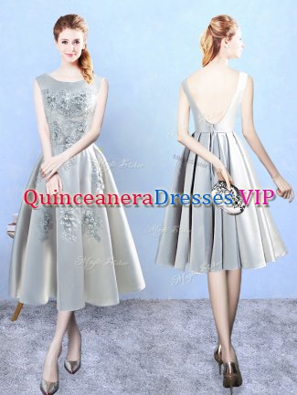 Suitable Silver Backless Scoop Appliques Dama Dress for Quinceanera Satin Sleeveless