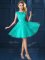 Exquisite Turquoise A-line Lace and Belt Quinceanera Court Dresses Lace Up Tulle Cap Sleeves Knee Length