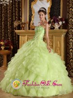 Cooper Landing Alaska/AK Yellow Green Organza Ruffle Layers Quinceanera Dress With Applique decorate Strapless Bodice