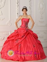 Elgg Switzerland Exquisite Red New Arrival Strapless Taffeta Appliques Decorate For Quinceanera Dress