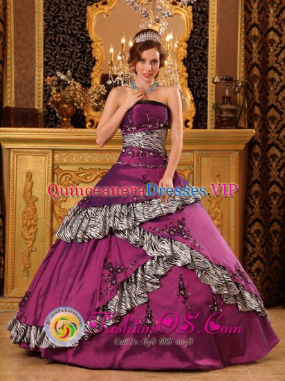 Holly Springs Mississippi/MS Stylish Embroidery Zebra Dark Purple Quinceanera Dress With Taffeta Ball Gown - Click Image to Close