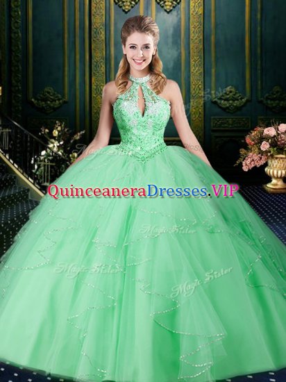 On Sale Apple Green Ball Gowns Halter Top Sleeveless Tulle Floor Length Lace Up Beading and Lace and Ruffles and Ruching Quinceanera Dresses - Click Image to Close