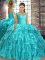 Classical Aqua Blue Off The Shoulder Lace Up Beading and Ruffles 15th Birthday Dress Brush Train Sleeveless