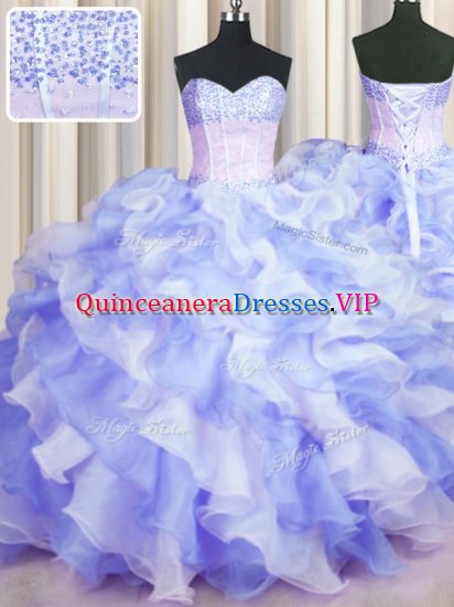 Two Tone Visible Boning Sleeveless Beading and Ruffles Lace Up Quinceanera Gowns - Click Image to Close