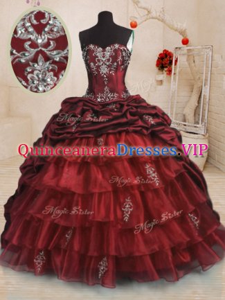 Eye-catching Wine Red Ball Gowns Sweetheart Sleeveless Organza and Taffeta With Train Sweep Train Lace Up Beading and Appliques and Ruffled Layers and Pick Ups 15th Birthday Dress