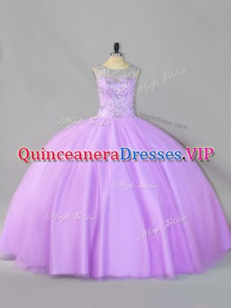 Lavender Ball Gowns Scoop Sleeveless Tulle Floor Length Zipper Sequins Quince Ball Gowns