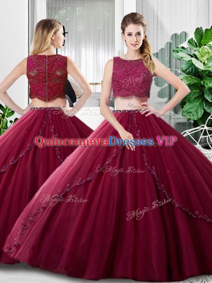 Scoop Sleeveless Sweet 16 Dress Floor Length Lace and Ruching Burgundy Tulle - Click Image to Close