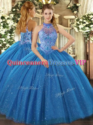 Sophisticated Blue Lace Up Halter Top Beading and Embroidery Quinceanera Dresses Tulle Sleeveless