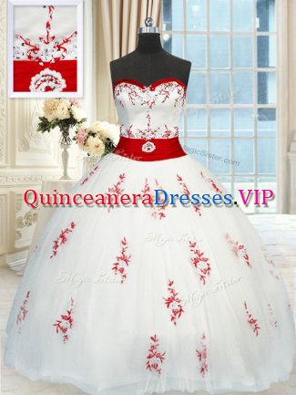 Dramatic White Ball Gowns Sweetheart Sleeveless Tulle Floor Length Lace Up Appliques and Belt Sweet 16 Quinceanera Dress