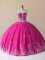 Fashion Floor Length Lace Up Ball Gown Prom Dress Fuchsia for Sweet 16 and Quinceanera with Embroidery