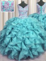 Inexpensive Ruffled Floor Length Aqua Blue 15 Quinceanera Dress V-neck Sleeveless Lace Up(SKU PSSW0589-6BIZ)