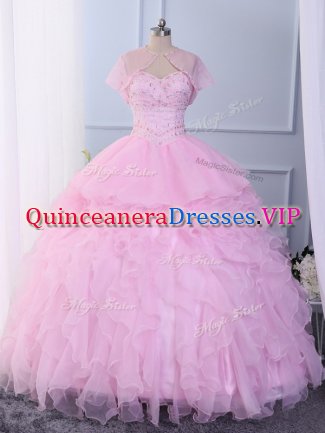 Extravagant Floor Length Pink Ball Gown Prom Dress Organza Sleeveless Beading and Ruffles