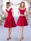 Red A-line Ruching Damas Dress Zipper Satin Cap Sleeves Knee Length