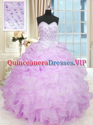 Lilac Ball Gowns Sweetheart Sleeveless Organza Floor Length Lace Up Beading and Ruffles Quince Ball Gowns