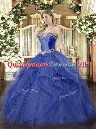 Elegant Blue Ball Gowns Tulle Sweetheart Sleeveless Beading and Ruffles Floor Length Lace Up Sweet 16 Dress