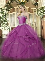 Sophisticated Fuchsia Tulle Lace Up Ball Gown Prom Dress Sleeveless Floor Length Beading and Ruffles