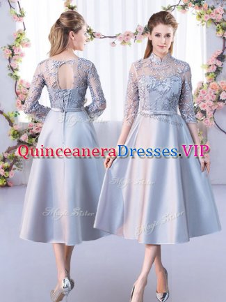 Traditional Tea Length Lace Up Quinceanera Court of Honor Dress Silver for Prom and Party and Wedding Party with Lace