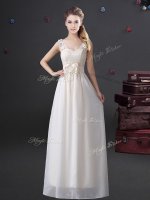 White Zipper V-neck Lace and Appliques and Bowknot Quinceanera Dama Dress Chiffon Sleeveless