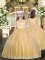 Customized Gold Sleeveless Floor Length Appliques Zipper Little Girl Pageant Gowns