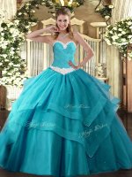 Teal Sweetheart Neckline Appliques and Ruffled Layers Quinceanera Gowns Sleeveless Lace Up