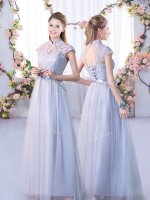 Deluxe Grey High-neck Neckline Lace Quinceanera Dama Dress Cap Sleeves Lace Up