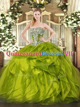 Olive Green Sleeveless Beading and Ruffled Layers Floor Length Quinceanera Dress