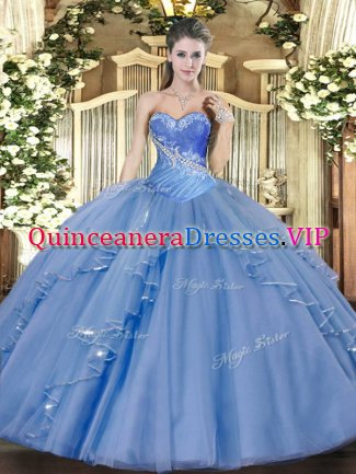 Dynamic Aqua Blue Lace Up 15 Quinceanera Dress Beading and Ruffles Sleeveless Floor Length