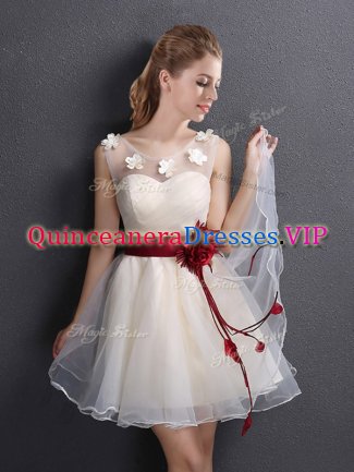 Scoop Sleeveless Lace Up Mini Length Appliques and Hand Made Flower Quinceanera Court Dresses