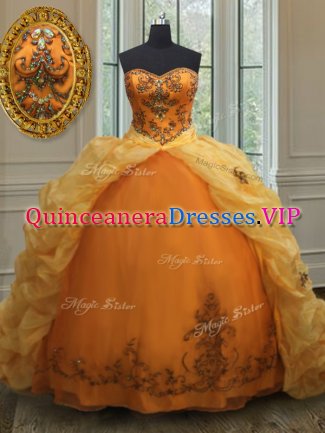 Orange Sleeveless With Train Beading and Appliques and Pick Ups Lace Up Sweet 16 Dresses