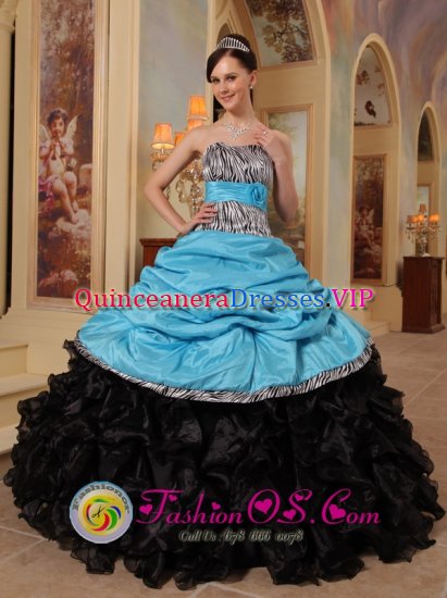 Lambersart France Aque Blue and Black Zebra Ruffles and Sash Safford strapless Quinceanera Dresses With Pick-ups For Graduation - Click Image to Close