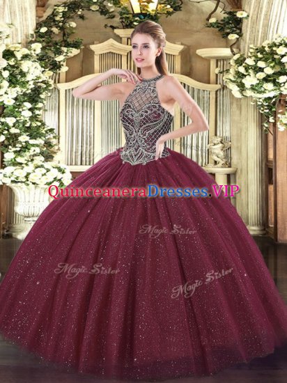 Admirable Burgundy Sweetheart Lace Up Beading Quince Ball Gowns Sleeveless - Click Image to Close