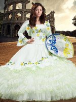 White Ball Gowns Organza Square Long Sleeves Embroidery and Ruffled Layers Floor Length Lace Up Ball Gown Prom Dress