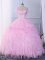 Extravagant Floor Length Pink Ball Gown Prom Dress Organza Sleeveless Beading and Ruffles