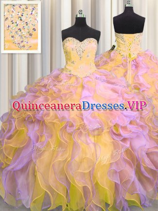 Beading and Appliques and Ruffles Sweet 16 Dress Multi-color Lace Up Sleeveless Floor Length