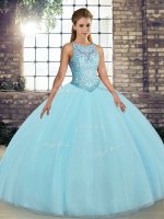 Deluxe Aqua Blue Ball Gowns Scoop Sleeveless Tulle Floor Length Lace Up Embroidery Quinceanera Gowns