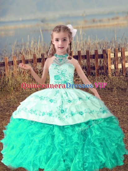 Simple Turquoise Ball Gowns Organza Halter Top Sleeveless Beading and Embroidery and Ruffles Floor Length Lace Up Pageant Dress for Girls - Click Image to Close