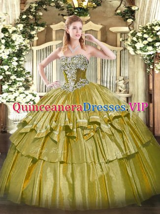 Sleeveless Organza and Taffeta Floor Length Lace Up Ball Gown Prom Dress in Olive Green with Beading and Ruffled Layers