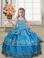 Classical Ball Gowns Pageant Dress for Teens Blue Straps Satin Sleeveless Floor Length Lace Up