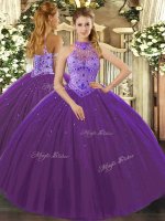 Floor Length Purple Military Ball Gown Halter Top Sleeveless Lace Up