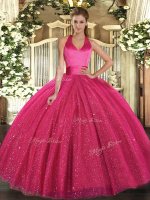 Custom Design Hot Pink Lace Up Halter Top Sequins Quince Ball Gowns Tulle Sleeveless