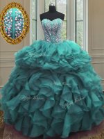 Sweet Turquoise Ball Gowns Sweetheart Sleeveless Organza Floor Length Lace Up Beading and Ruffles Quinceanera Gown