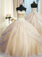 Champagne Sleeveless With Train Beading and Appliques Lace Up Quinceanera Gowns