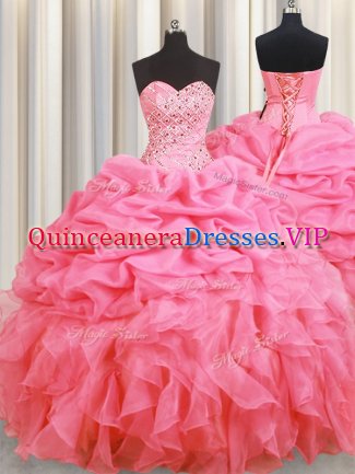 Halter Top Rose Pink Sleeveless Floor Length Beading and Ruffles and Pick Ups Lace Up Quinceanera Dress