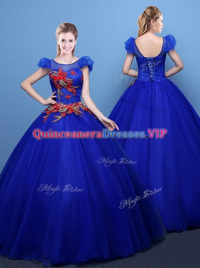 Romantic Scoop Royal Blue Short Sleeves Appliques Floor Length Quince Ball Gowns - Click Image to Close