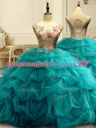 Ball Gowns Quinceanera Gown Teal Scoop Organza Sleeveless Floor Length Lace Up